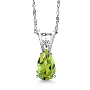14K White Gold Green Peridot and Lab Grown Diamond Pendant Necklace for Women | 0.96 Cttw | Gemstone August Birthstone | Pear Shape 8X5MM | With 18 Inch Chain
