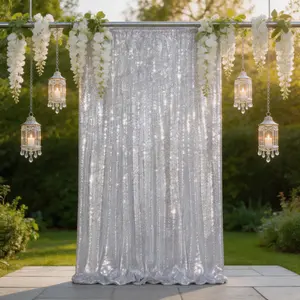 Silver Sequin Curtain 1 Panel 4ftx8ft, Brilliant Glitter Backdrop for Baby Shower, Anniversary, Candy Buffet, Arch Photography, Wall Decoration