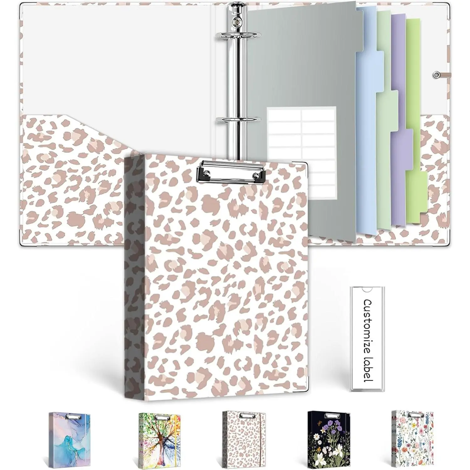 Mini 3 Ring Binder 1 Inch for 5.5"x8.5" Paper, Cute Small Three Ring Binders with Clipboard,5-Tab Dividers, Interior Pocket,  ID Label Holder,  A5 Binder with Pen Holder,Leopard