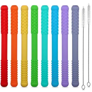 Christmas Gift  8-Pack Rainbow Silicone Teething Straws for Babies 3-18 Months BPA-Free Sensory Chew Toys for Autism Easter Gift Pacifierclip Infant Play