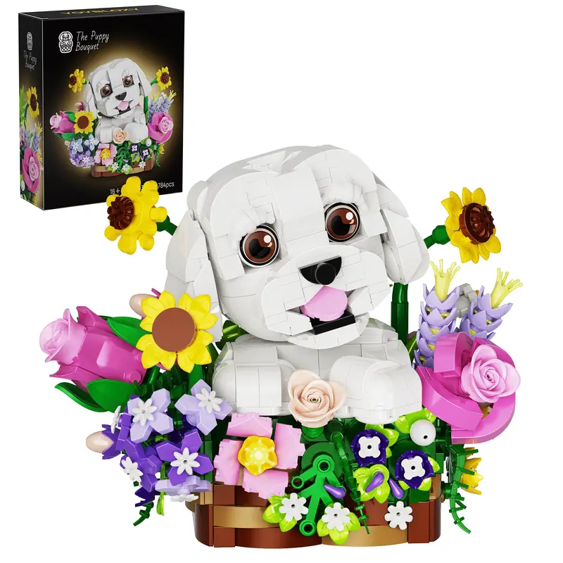 Creative Poodle Dog Flower Basket Building Set – Cute Puppy Floral Arrangement Kit for Adults, Decorative Pet-Themed Brick Display, Ideal Gift for Christmas & Dog Lovers