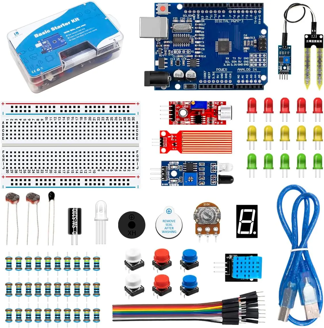 Arduino IDE-Compatible Basic Starter Kit (R3 CH340, Breadboard, RGB LED, 10 Male-to-Male Dupont Wires, 1-Digit 7-Segment Display, Active Buzzer, Button Switch, Potentiometer, DHT11, Soil Humidity Sensor, USB Cable, Retail Box) for DIY Projects