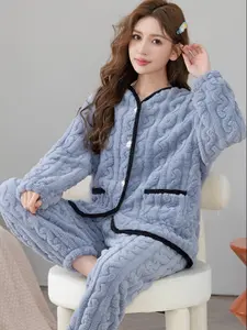 Two-Piece Set Autumn Winter Coral Fleece Colorblock Thickened Warm Sleepwear Loungewear, Casual Cute College Style V-Neck Button Front Cardigan & Pants