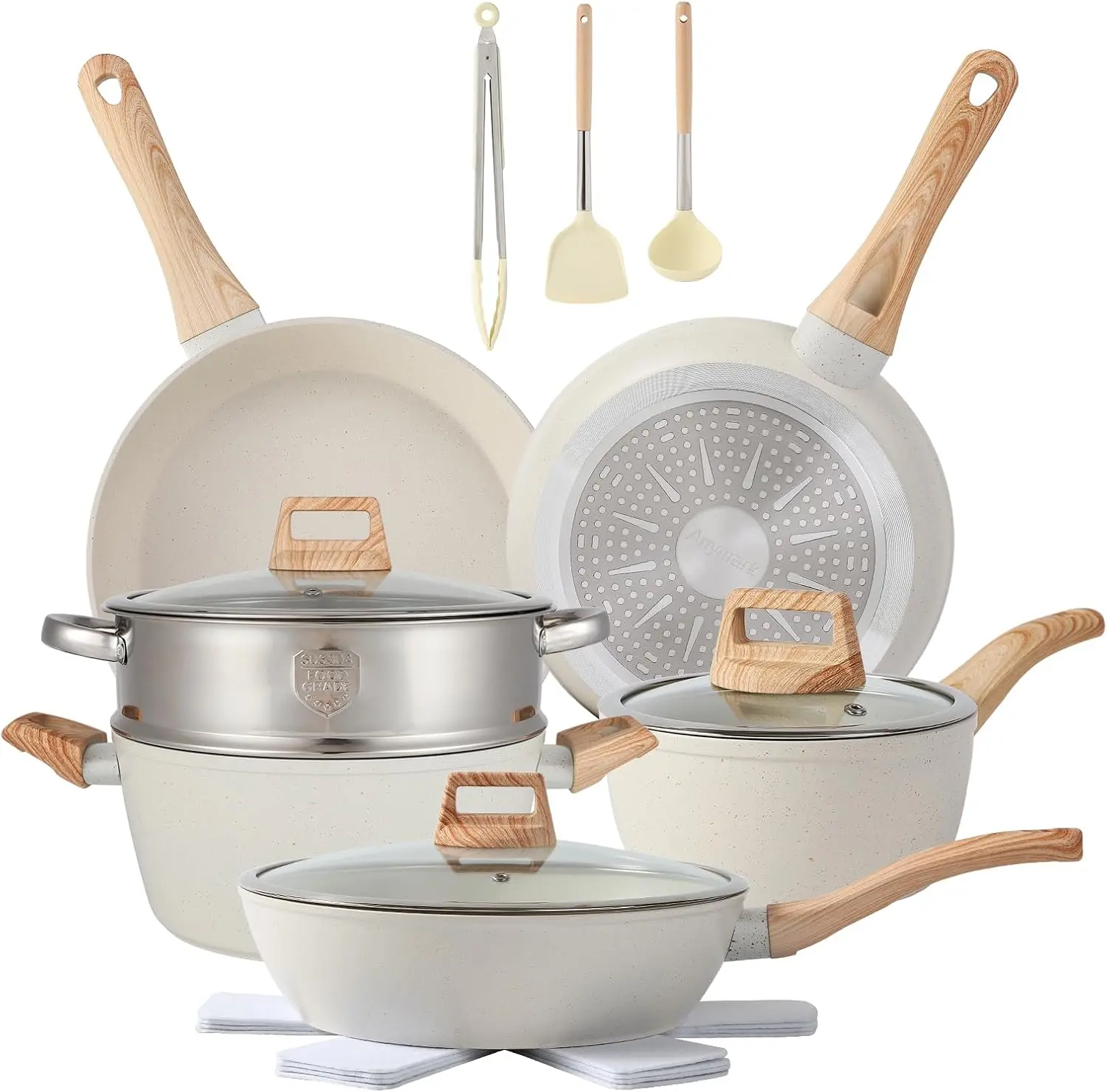 16PCS Pots and Pans Set Non Stick Cookware JueGo De Ollas Para Cocina | Beautiful Great Value Food Cooks Evenly Cleans Easily With Frying Pan Aluminium Silicone Lid