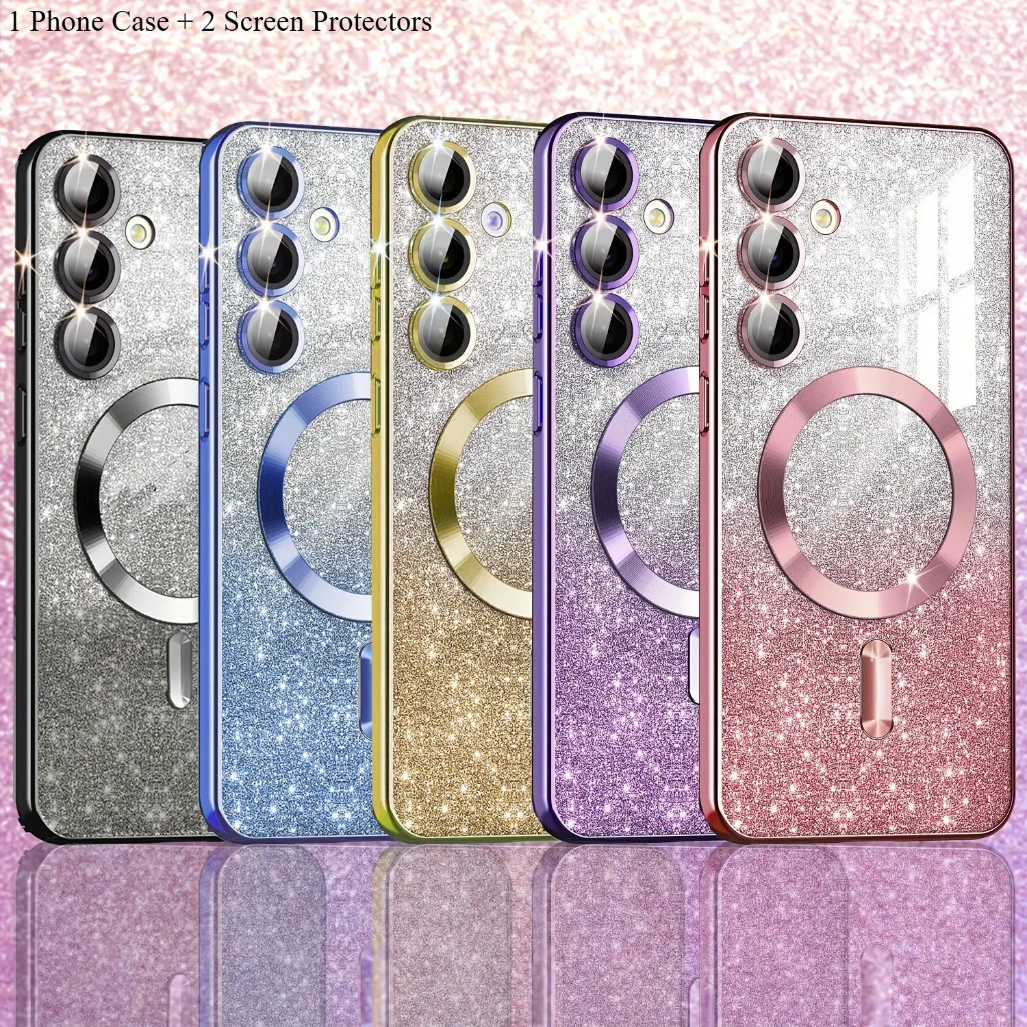 Phone Case, Protective Covers - Set of 3 [1 Phone Cover And 2 Screen Protectors] Designed for Samsung Galaxy A55, A35, A15, Featuring a Clear Magnetic Glitter Gradient with a Plated Soft Bumper And a Camera Lens Protector Phone Protector