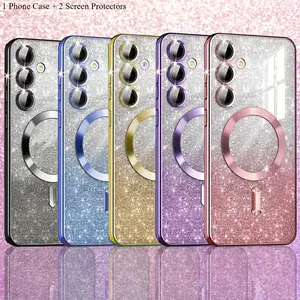 Phone Case, Casing - Set of 3 [1 Phone Cover And 2 Screen Protectors] Designed for Samsung Galaxy A55, A35, A15, A16 5G, Featuring a Clear Magnetic Glitter Gradient with a Plated Soft Bumper And a Complete Camera Lens Protector Decorative Phone Protector