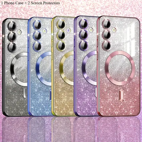 Phone Case - Set of 3 Phone Accessories [1 Phone Cover And 2 Screen Protectors] Designed for Samsung Galaxy A55, A35, A15, Featuring a Clear Magnetic Glitter Gradient with a Plated Soft Bumper And a Camera Lens Protector Phone Protector