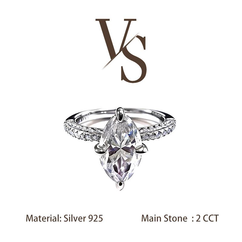 [Venus Jewelry] Synthetic Moissanite 2 CCT Marquise Cut Triple Luxury Regular Band VVS 1 D Color Solid Silver 925 Solitare Ring