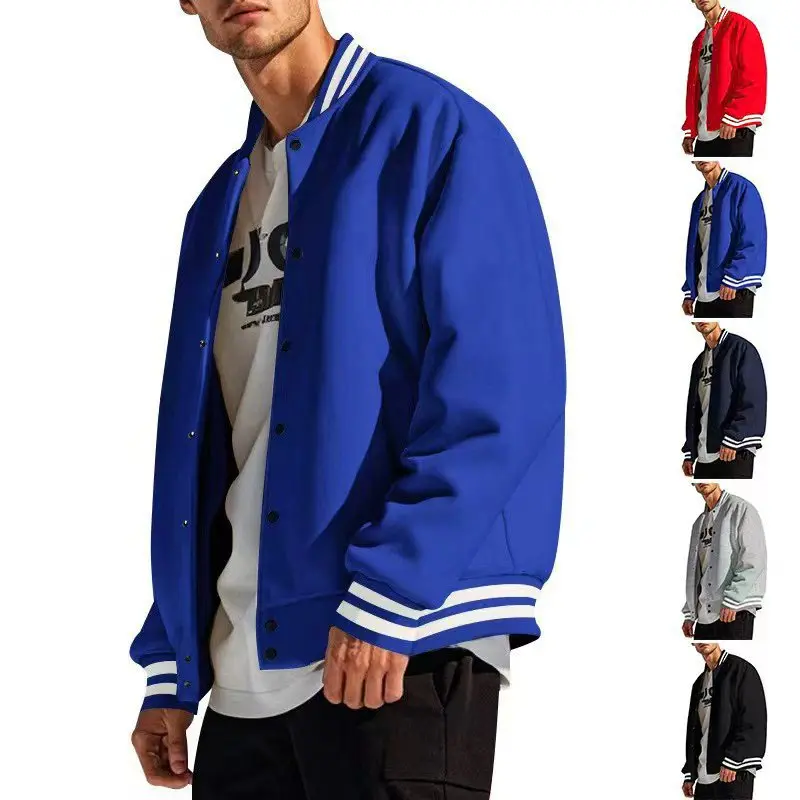 Life keeps moving — a men’s casual varsity-style baseball jacket for spring, autumn, and winter, featuring a regular fit, stand collar, single-row button closure, and pockets. Fashionable and versatile athletic outerwear made from warm, soft, comfortable