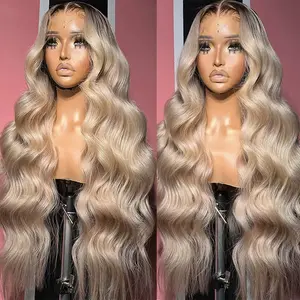 Brown Root Ash Blonde Wig Human Hair 13x6 Transparent Lace Front Wigs Human Hair 180% Density Ash Blonde Body Wave Lace Front Wigs for Black Women Pre Plucked Brown Roots Ombre Blonde Human Hair Wig Pre Plucked
