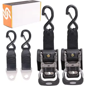 2 count Stainless Steel Retractable Ratchet Straps (1 7/8 in x 4 ft) Heavy Duty Transom Tie-Downs with Extension Straps, Bolt Set & Safety Latch S-Hooks,for Boat,Break Strength 1,650LBS/750KG