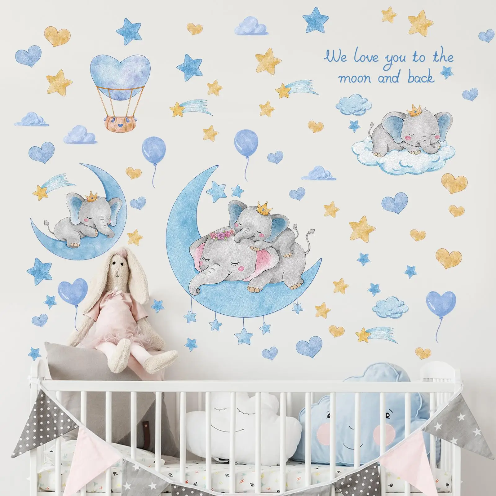Wall Sticker, Baby Elephant, Star, Moon & Clouds Pattern Wall Sticker, Wall Decals For Nursery, Decoration Items