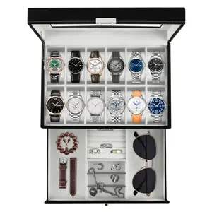 SUNNYGLADE 12 Slot PU Leather Lockable Watch Storage Boxes, Men & Women Jewelry Display Drawer Case, 2-tier Organizer Watch Showcase with Glass Lid (Black)