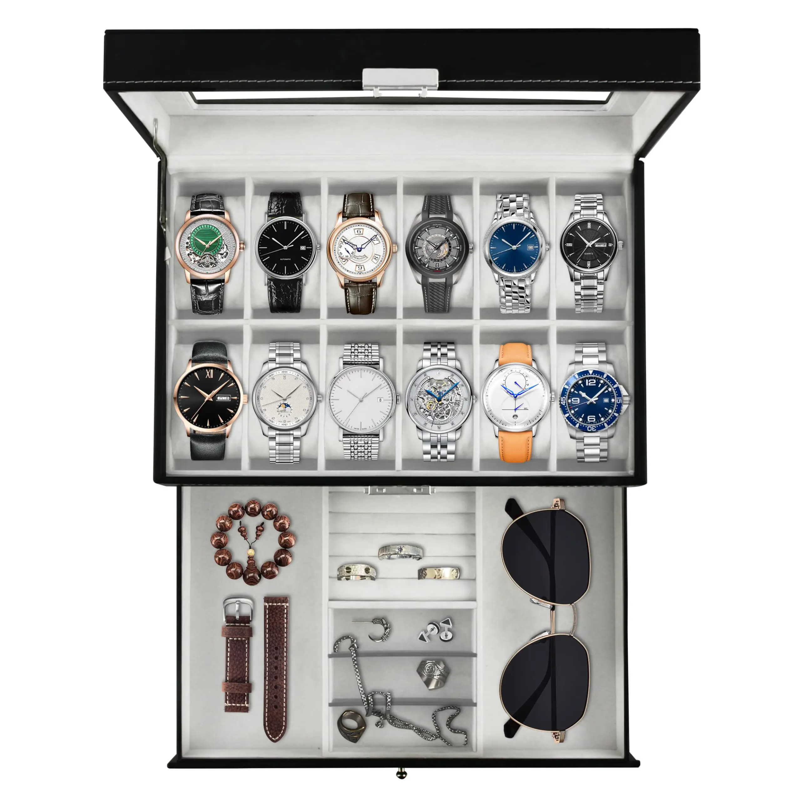 SUNNYGLADE 12 Slot PU Leather Lockable Watch Storage Boxes, Men & Women Jewelry Display Drawer Case, 2-tier Organizer Watch Showcase with Glass Lid (B