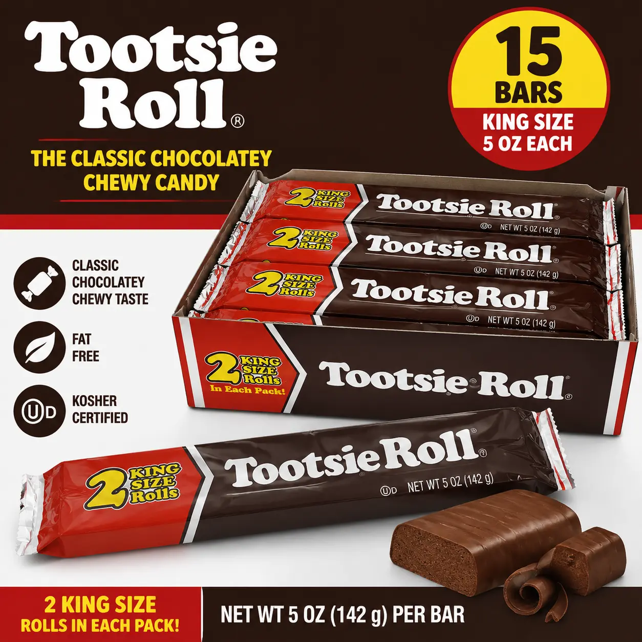 Tootsie Roll Giant Chewy Chocolate Candy King Size 5 oz 15 Count Classic Chocolate Candy Bars