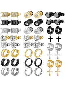 Stainless Steel CZ Earrings Set, Multiple Styles Stud Hoop Cross Dangle Earrings, Fashion Jewelry Gift for Him/Her