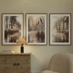 3pcs Wood Frame Dandelion Reed Plant Tree Trunk Grass HD Oil Painting Wall Art, Natural Wild Fun Living Room Decor, Indoor Decoration, Home Decor Accessory, Mdf Material