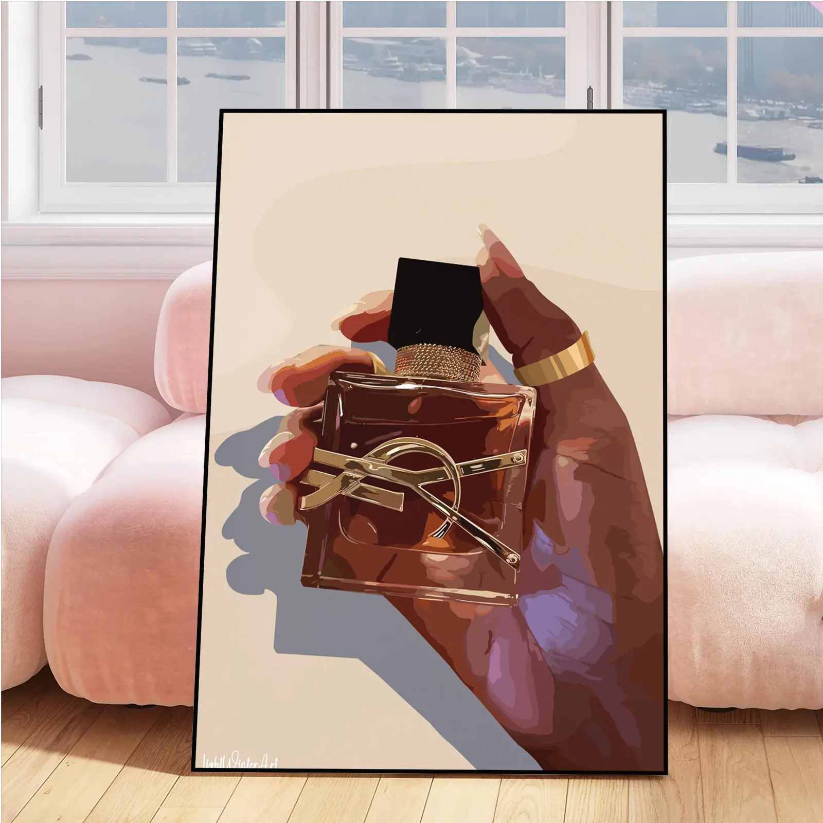Unframed Artistic Abstract Canvas Print Wall Decor Accessory - Artwork with Elegant Hand-Holding Perfume Bottle, Gold Shiny Patterns, Gold Ring, Nail Polish Detailing, Trendy Modern Decoration for Living Room, Kid Room, Office
