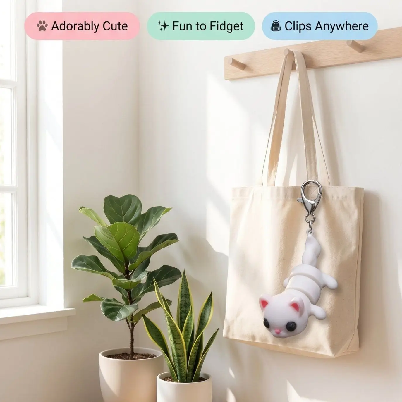 3D Printed Articulated Cat Keychain - 3-3.9in Lightweight Kawaii Accessories, Mini Simple Casual Everyday Flexible Fidget Charm, Cute Bag Gift for Cat Lovers, 3 To 3.9 In