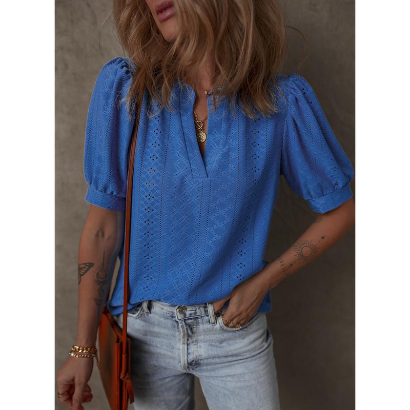 Dokotoo Women's Summer Business Casual Blouses V Neck Short Sleeve Shirts Hollow Out Cute Lace Tops Loose Fit Breathable Fabric