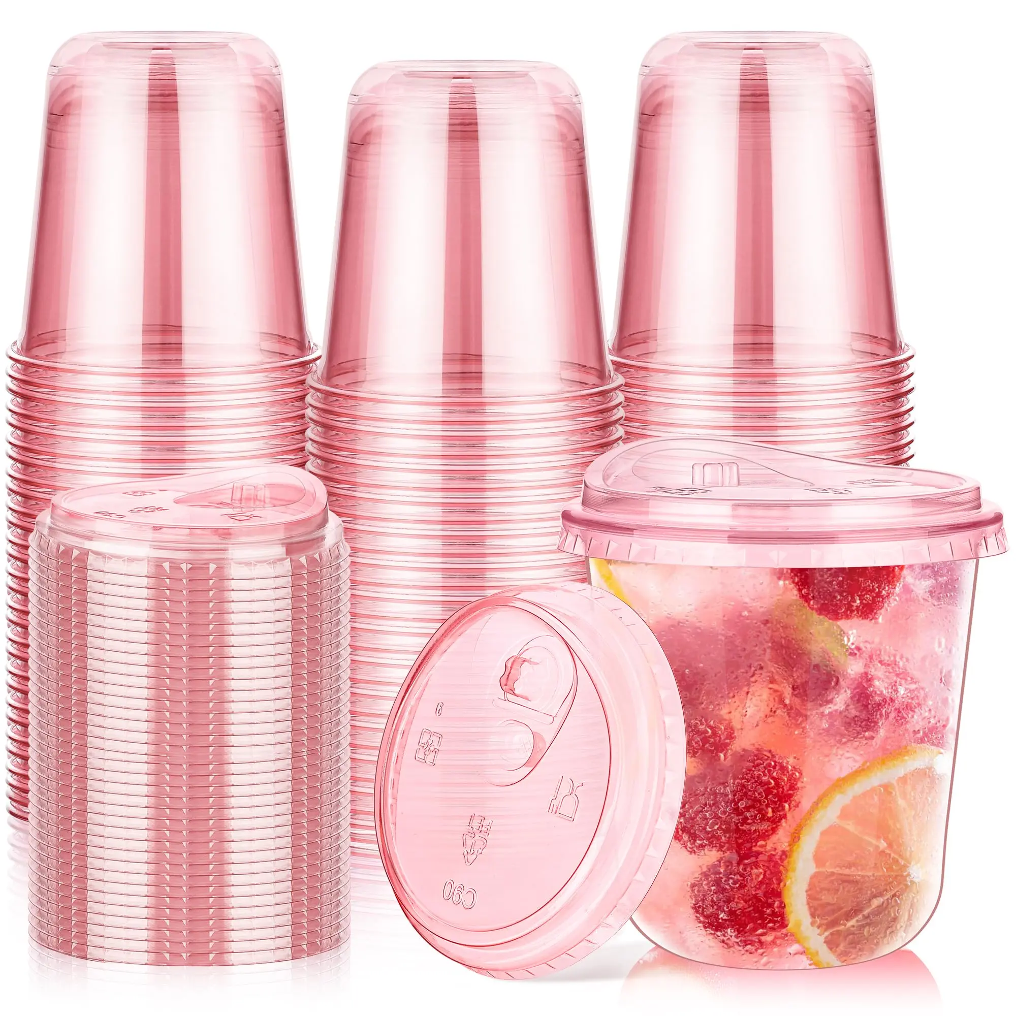 50 Pack 12 oz Pink Plastic Party Cups with Sip Lids, Disposable Iced Coffee Cup with Lid, Round Bottom Stemless Glasses Drinking Cups for Valentine's Galentine's Bachelorette Party Holiday