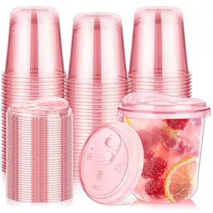 50 Pack 12 oz Pink Plastic Party Cups with Sip Lids, Disposable Iced Coffee Cup with Lid, Round Bottom Stemless Glasses Drinking Cups for Valentine's Galentine's Bachelorette Party Holiday
