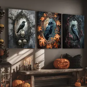 3 Counts Wooden Framed Canvas, Dark Crow Decorative Posters, Halloween Home Poster, Halloween Party Decorations, Living Room And Bedroom Hanging Paintings, Horror Theme, Interesting Posters, Exquisite Gifts, High-Definition Art