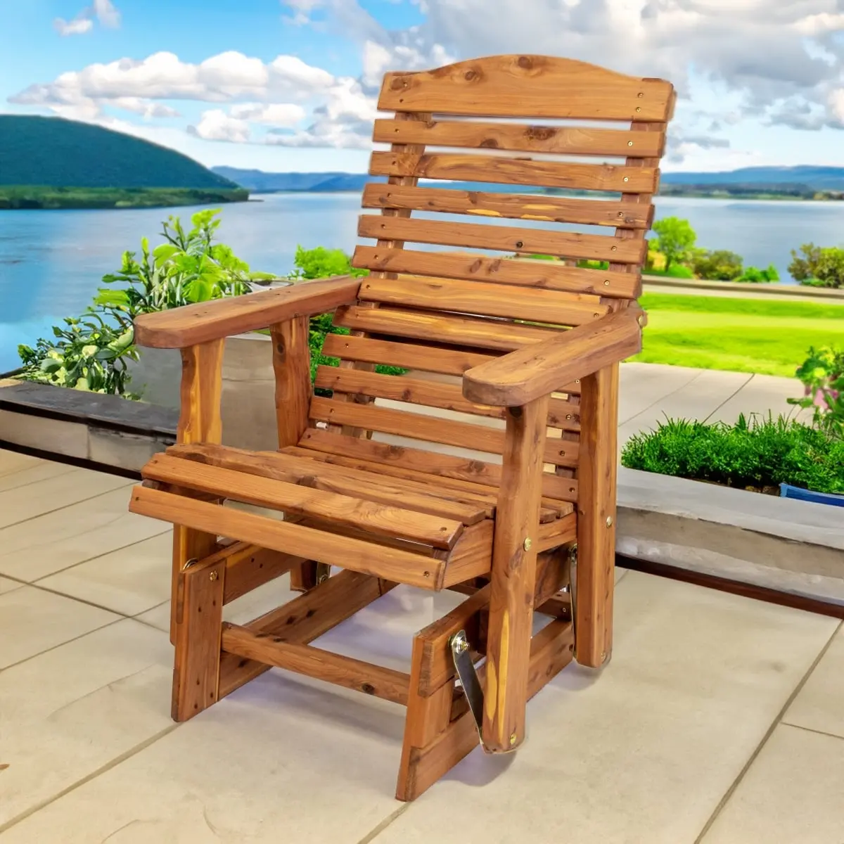 American Furniture Classics MM122 Single Seat Rustic Wood Slat-Back Glider Rocker Outdoor Chair - Brown & Natural Western Red Cedar, Knotty Look, 40 lbs, 42"h-29"w-34"d, Durable Backyard Use, Natural Cedar