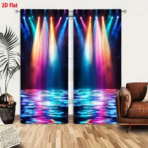 2D Flat  2-Piece Curtain Set, Colorful Spotlight Neon Style, Dark Background with Starry Design, Glossy Reflective Floor Effect, Orange/Pink/Blue/Purple Light, Dynamic Concert Performance Stage Inspired, Blackout & Decorative, Perfect for Bedroom/L