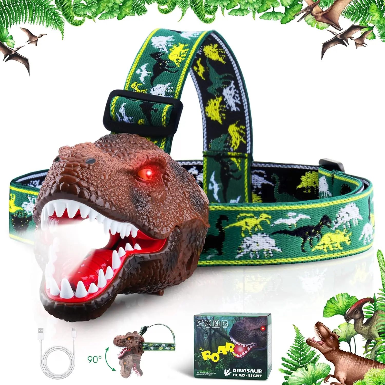 Rechargeable Dinosaur Headlamp LED Portable Outdoor Camping Flashlight, Hiking Torch Light Toy, Four Lighting Modes, Best Gift for Kids Birthday