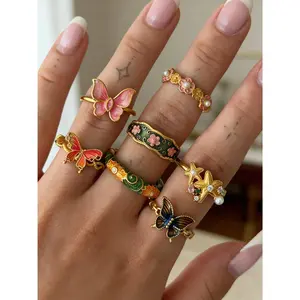 7-Piece Fashion Retro Enamel Oil-Drip Butterfly & Floral Ring Set, Pearl Accented, Stackable Style, Dainty Stacking Rings, Light Luxury Women's Outfit Rings, Suitable for Daily Wear, Ideal for BFF/ Couple Gifts