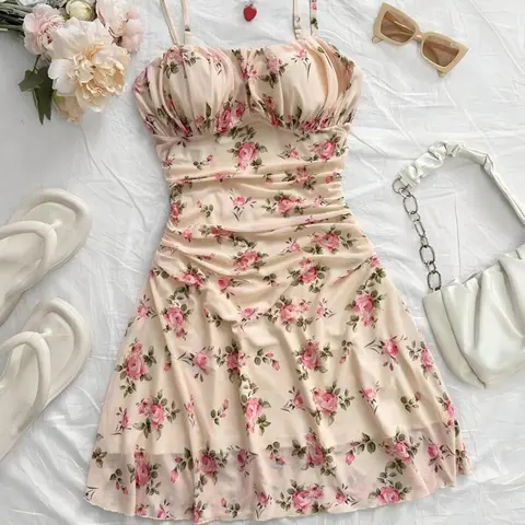 Summer Women's Dress, Blue and Floral Mesh Off-Shoulder Sleeveless Spaghetti Strap Vacation Dress, Bohemian Casual Trendy Boho Style Dress Boho Chic Elegant All over Print, Perfect for Summer, Womenswear