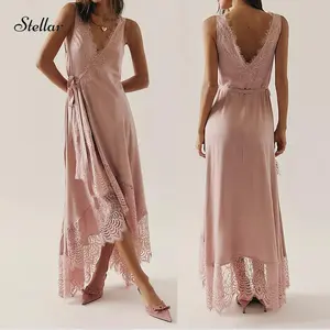 Womens Slip Lace Long Maxi Wrap Dress Y2k Aesthetic Flowy Swing Going Out Boho Ruffle Hem Streetwear Dresses
