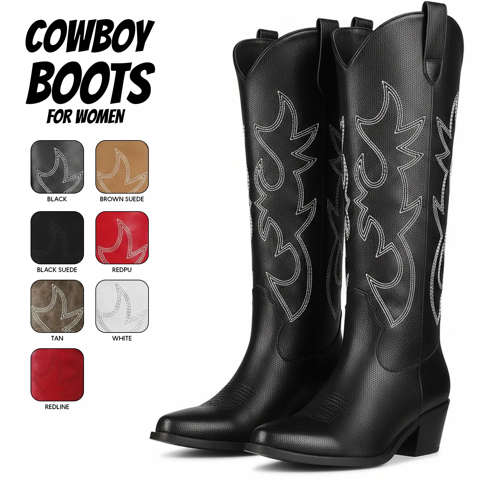 Cowboy Boots for Women Knee High Pointed Toe Western Boots Vintage Embroidered Pull On Chunky Block Heel Side Zipper Cowgirl Boots for Work Party Concert Festival Country Wedding Dress Shoes Trendy Fashion