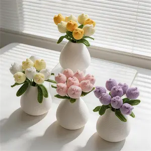 Handmade Crochet Tulip Artificial Flowers with Ceramic Pot, Table Decor for Home Office, Mother's Day Valentine's Gift