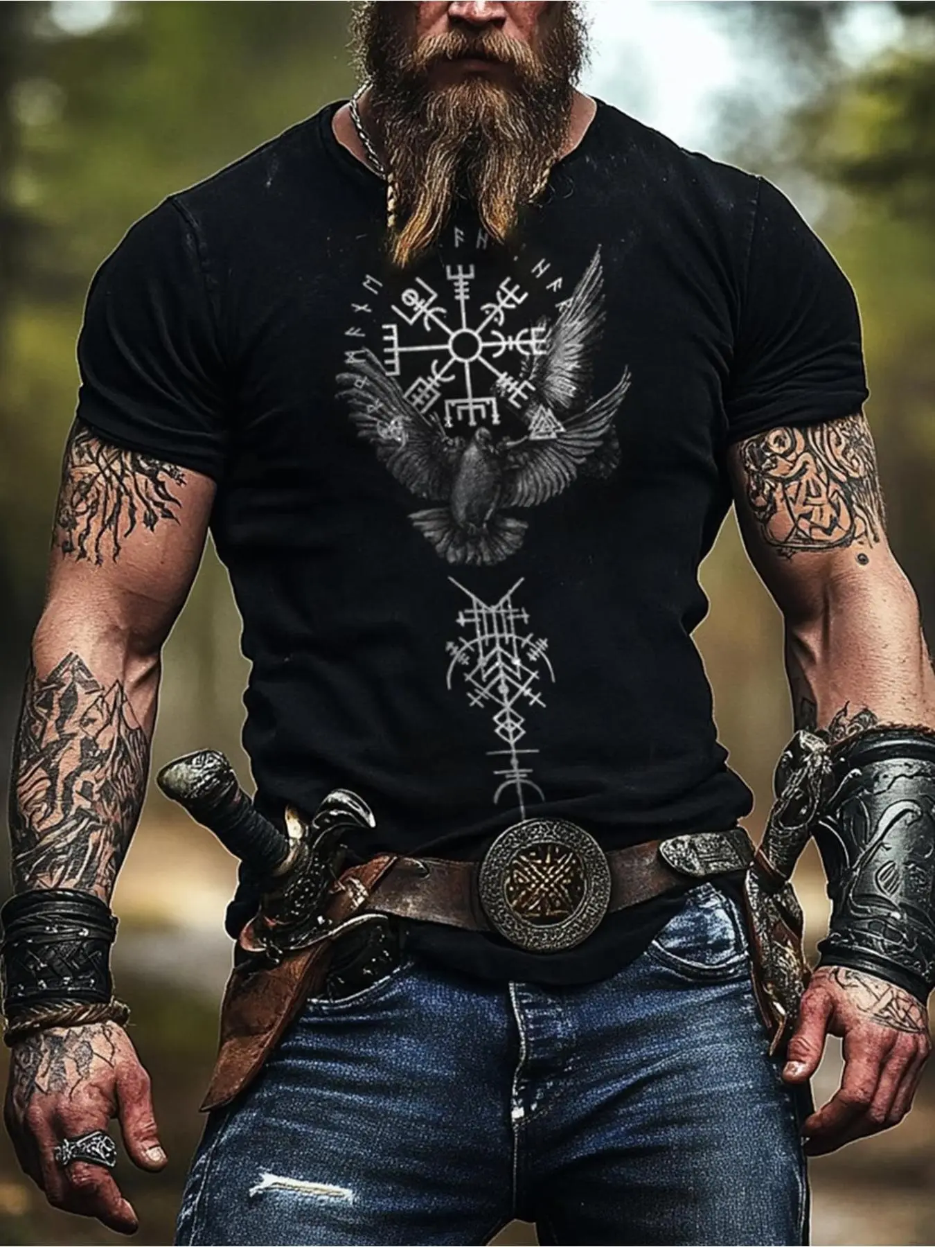 Men'S Viking Nordic Graphic T-Shirt| Norse Mythology Eagle And Rune Viking Ship Design - Lightweight Breathable Tee - Big And Tall Sizes Available - All-Season Casual Streetwear For Cosplay