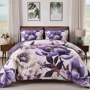 Purple Comforter Set Queen Size, 7 Pieces Floral Bed in a Bag Set, Elegant Texture Flower Bedding Sets, Soft Microfiber for All Season with Flat Sheet Fitt