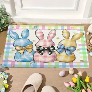 2D Flannel 1pc 1pc Non-Slip Plaid Easter Bunny - Cute Flannel Mat with PVC Backing Suitable for Bedroom, Living Room, Bathroom, Entryway - Easy Clean Spring Home Decor & Easter Mat