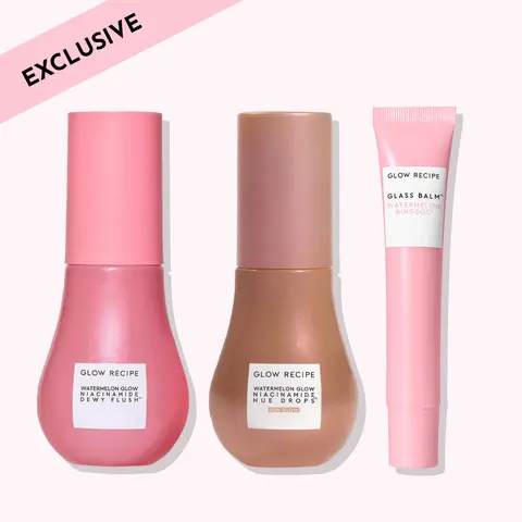 Glow Recipe Gentle Glow Hues 3-Piece Watermelon Cosmetic Makeup Set - Animal By-Product Free, All Skin Types, Hue Drops, Dewy Flush, Lip Balm for Everyday Glam, Selfcare, No-Foundation Casual Radiant Clean Girl Look