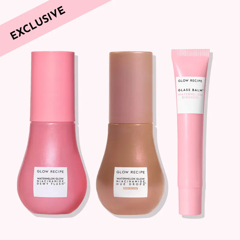 Glow Recipe Gentle Glow Hues 3-Piece Watermelon Cosmetic Makeup Set - Animal By-Product Free, All Skin Types, Hue Drops, Dewy Flush, Lip Balm for Everyday Glam, Selfcare, No-Foundation Casual Radiant Clean Girl Look