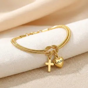MUM Heart & Cross Charm Knot Bracelet - Gold/Silver Two-Tone, Perfect Mother’s Day Gift for Mom, Dainty Stainless Steel Jewelry