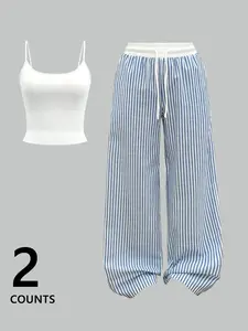 Women's Two-Piece Set, Striped Plaid Knit Crop Top & Long Pants, Streetwear Hip Hop Dance Motorbike Style, Casual Fashion, Outfit, Womenswear