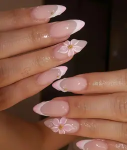 Pink Flower French Tip Press On Nails 3D Almond Acrylic Fake Nails Handmade Birthday Gift for Girls Party Holiday