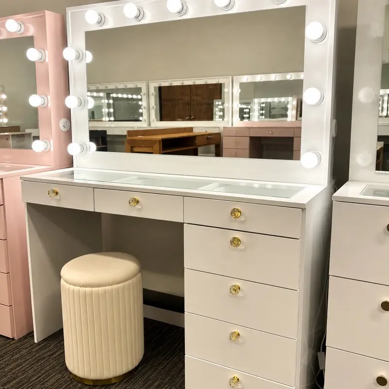 Lighted Vanity Table with Glass Top | White Elegance & 7 Drawers