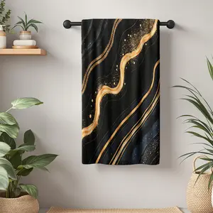 1Pc Abstract with Black and Gold Wavy Lines Bathroom Hand Towel Bath Towel, Multiple Size Microfiber Towel, Ultra-Soft Quick Dry and Absorbent Polyester Large Bath Towel, Unique Home Decorative Kitchen Towels, Fest