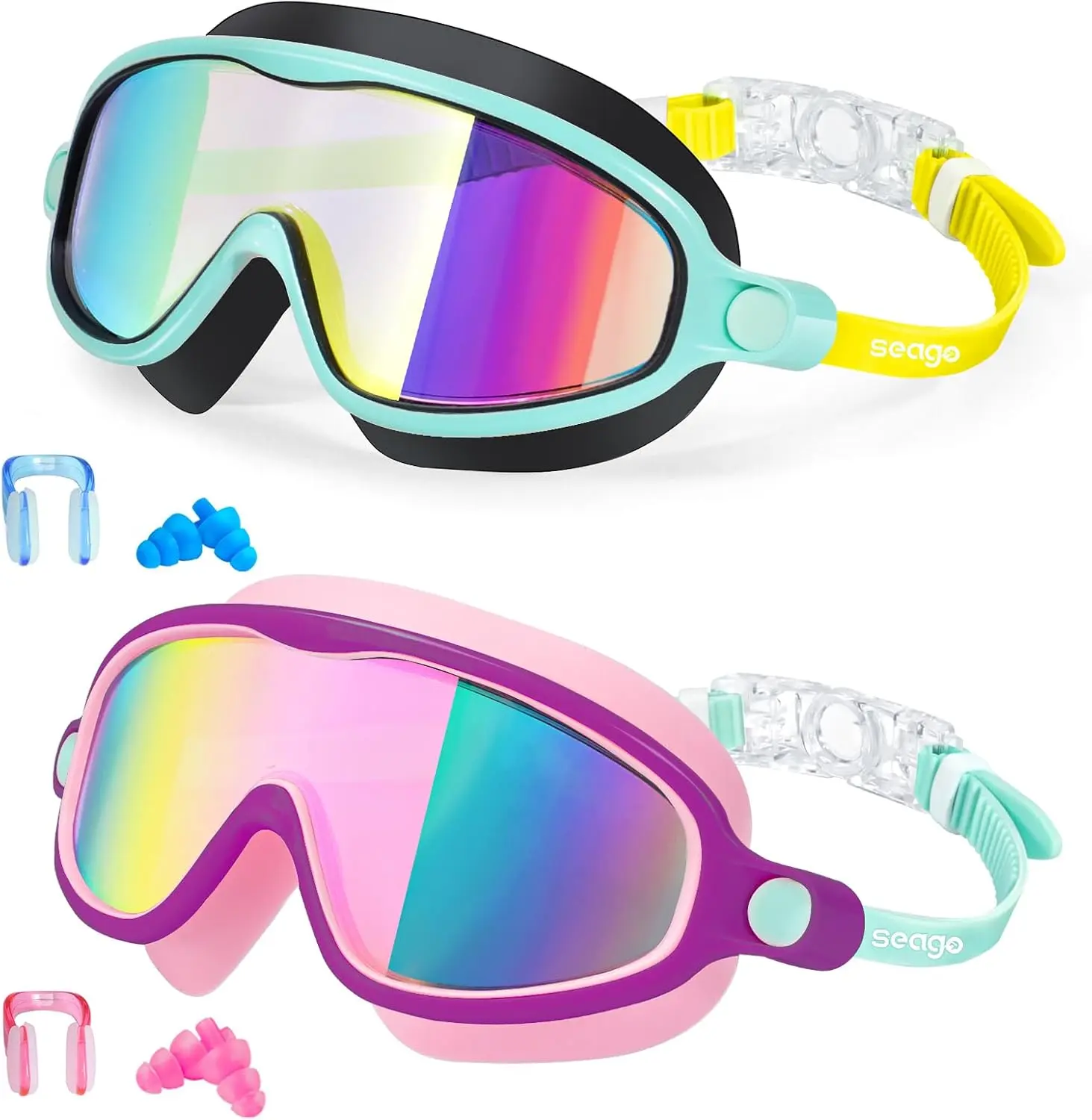 Swim Goggles 2 Pack Anti-Fog Anti-UV Wide View Swimming Goggles for Kids 3-14