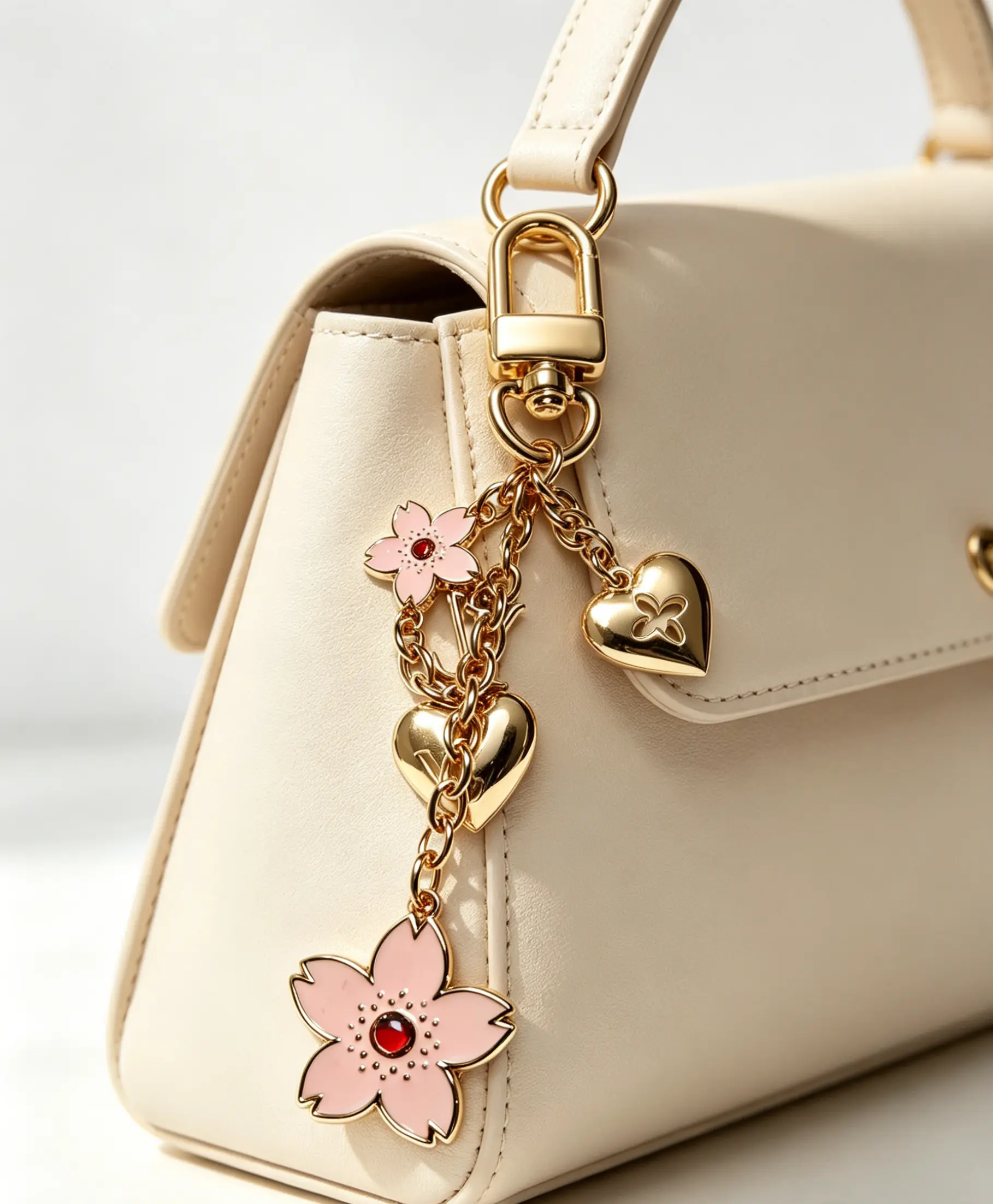 Sakura Floral Bag Charm for Women, Girly Pink Enamel Keychain with Double Heart Pendant and Spring Clip for Daily Use, Double Hearts, Daily Wear, Heart Shape