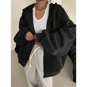 Women’s solid-color zip-up hooded jacket with a casual long-sleeve drawstring design; lightweight autumn–winter wear; loose solid-color sportswear