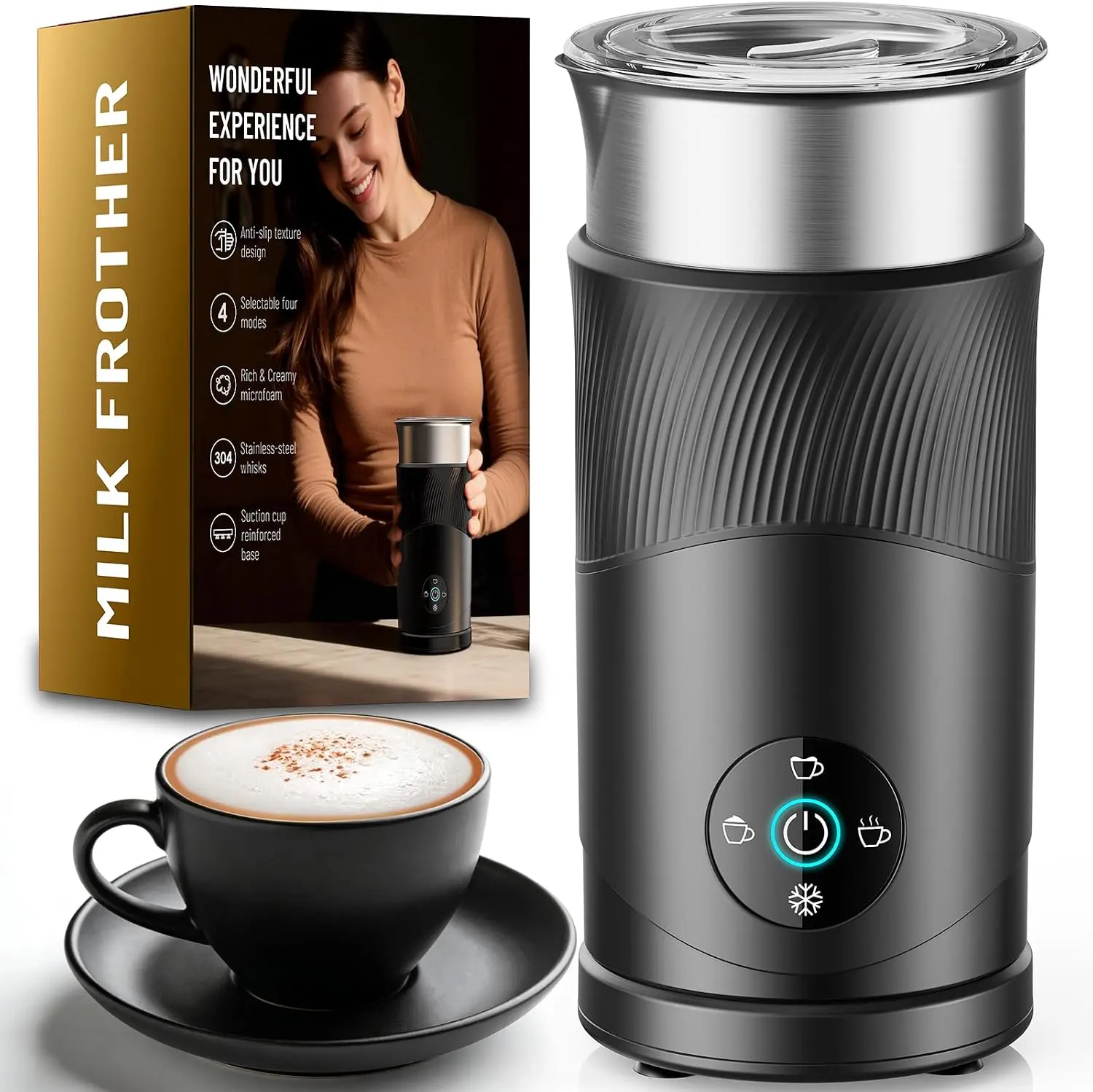 4-in-1 Electric Milk Frother, 350ml 450W Milk Steamer - 120s Fast Frothing, 180ml Foam Capacity, Hot & Cold Function, Under 55dB, SUS304 Steel, 2 Whisks for Latte, Cappuccino, Family Mornings Use
