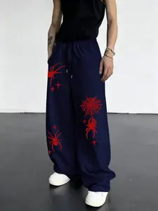 Men's Spider Pattern Printed Drawstring Waist Athletic Pants, Casual Fitted Joggers for Comfort in Fall & Winter, Stylish Running Sweatpants